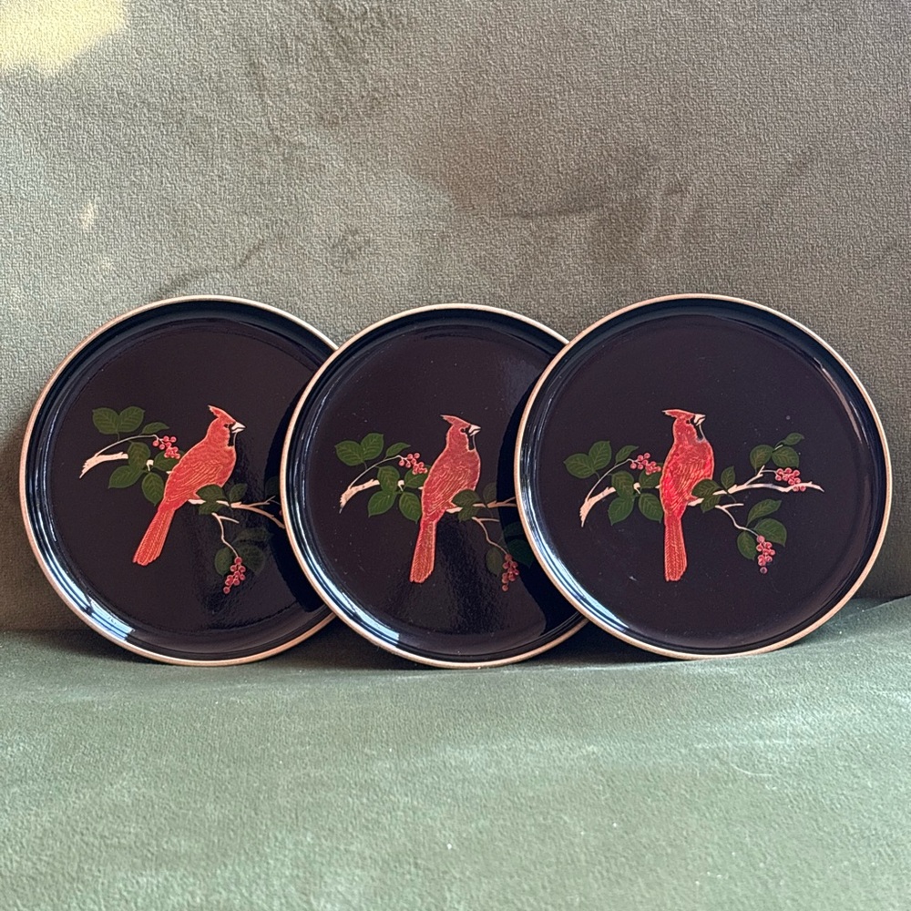 Vintage Otagiri Set Of 3 Black Lacquerware Cardinal Coasters-Matching Container